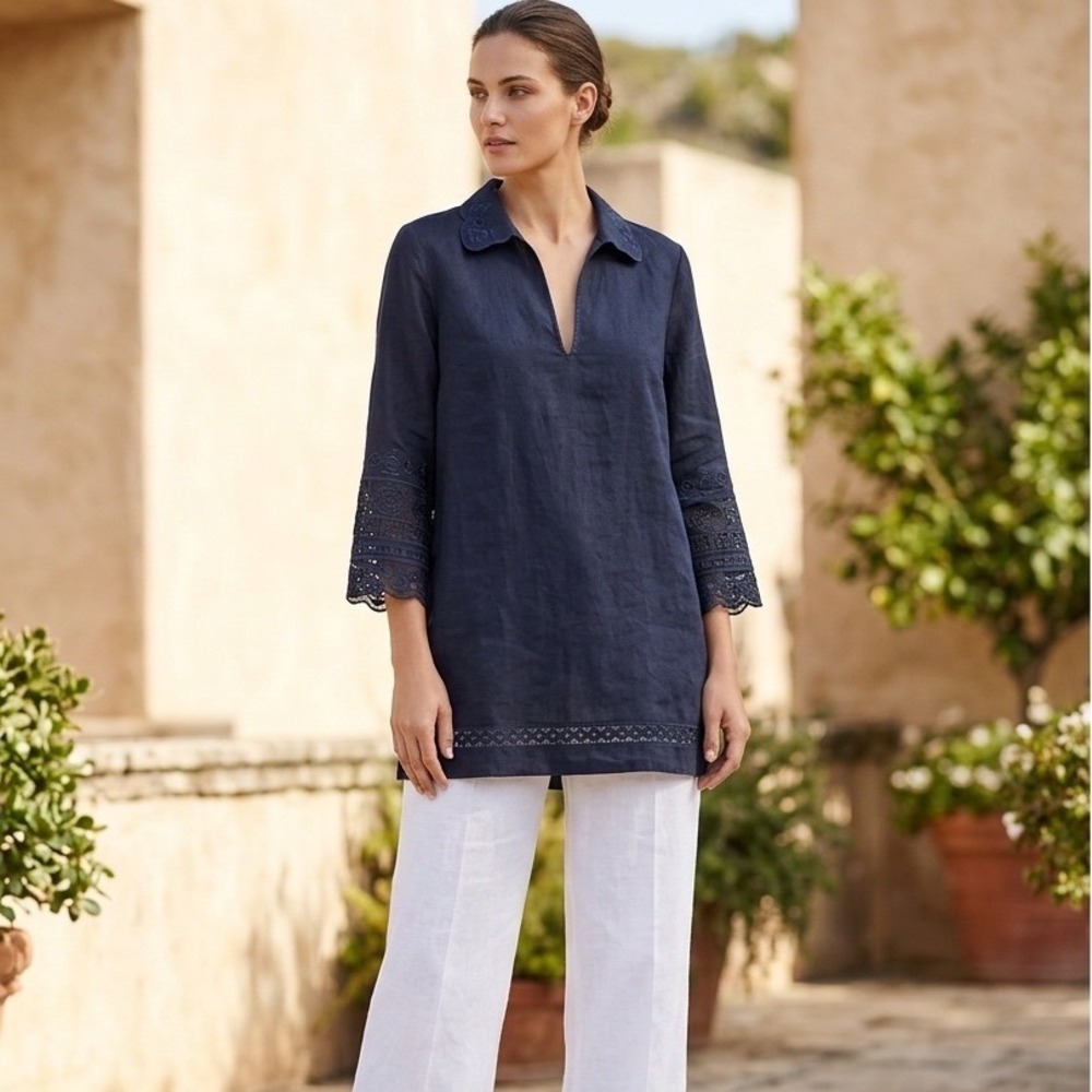 Lafayette 148 New York Navy Linen Eyelet Lace Tunic Top Navy Blue Size M